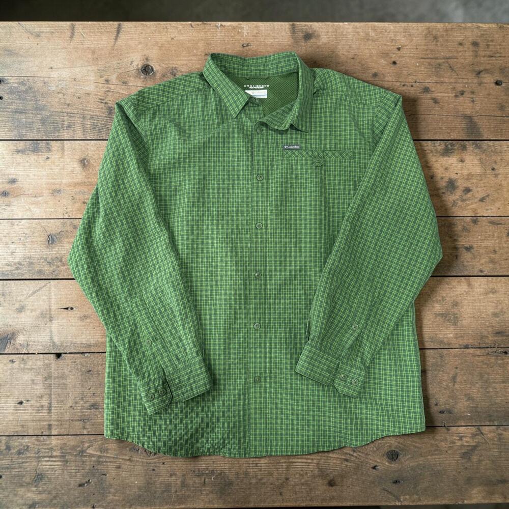 Columbia Shirt Men XL Green Plaid Omni Shade Sun Protection Fishing Hiking Camp
